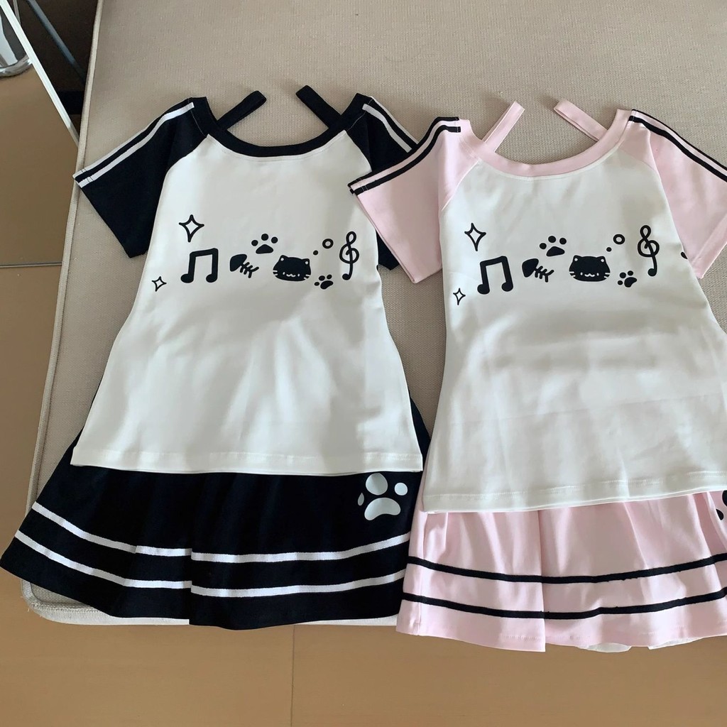 ชุดสองชิ้นสำหรับผู้หญิง ฤดูร้อน ลายแมวน่ารัก กางเกงในเสื้อแขนสั้น ﻿