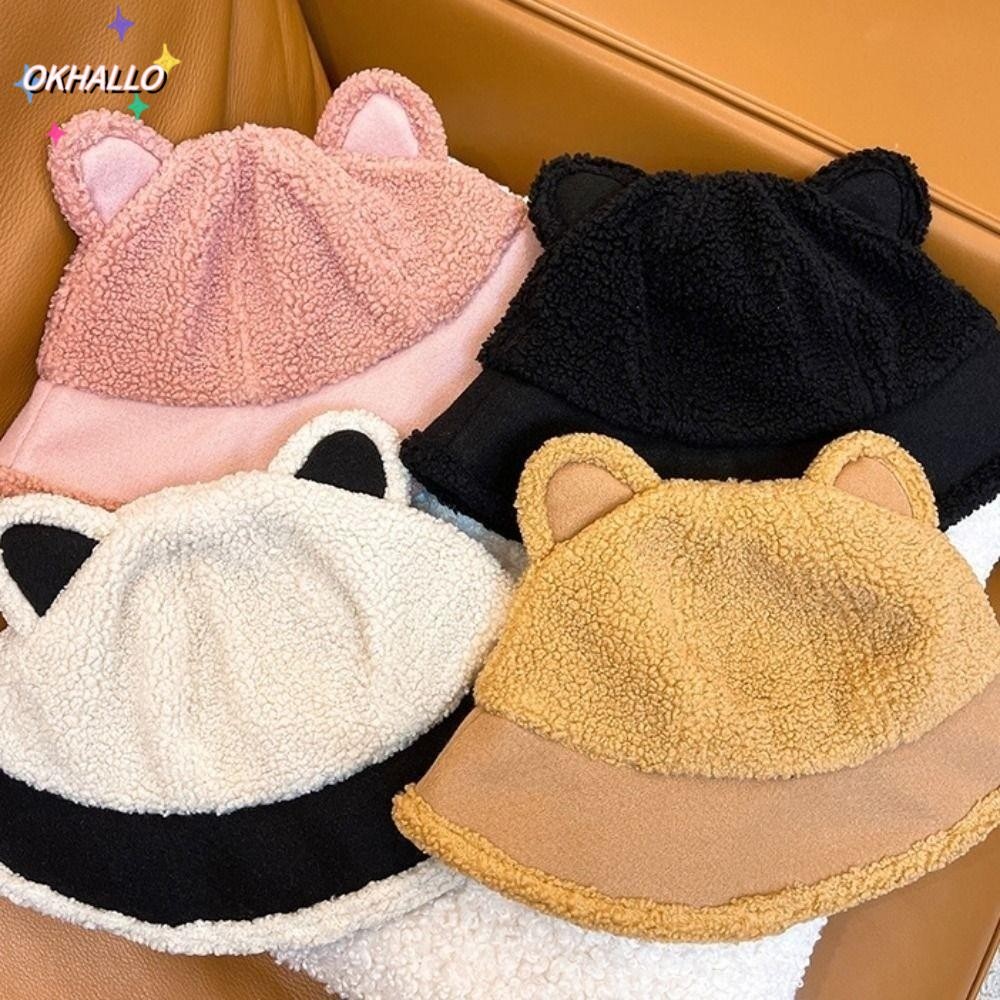 OKHALLO Winter Bucket Hat, Fluffy Windproof Faux Fur หมวกชาวประมง, สไตล์เกาหลี Fuzzy หนานุ่ม Fuzzy ห
