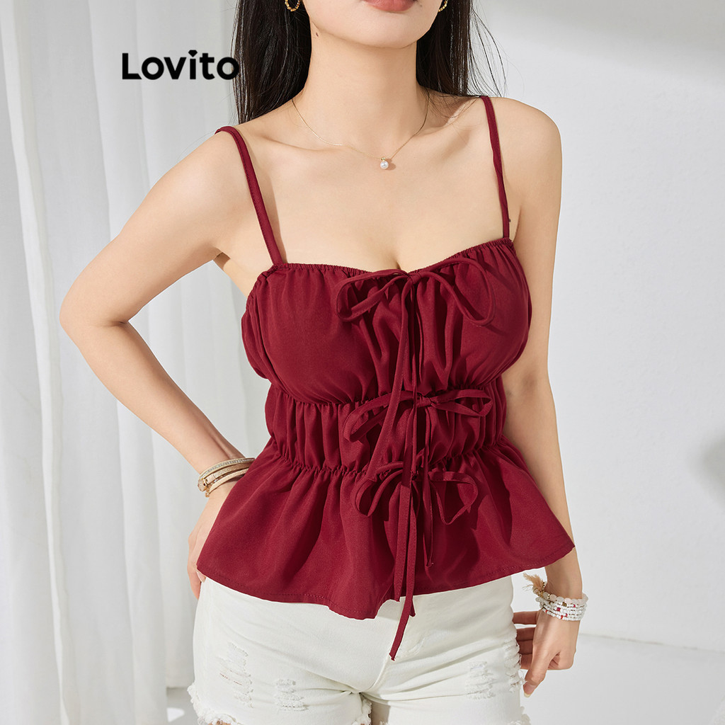 Lovito เสื้อกล้าม สีพื้น ดีไซน์ผูกเชือก สไตล์ลำลอง สำหรับผู้หญิง L113MD339