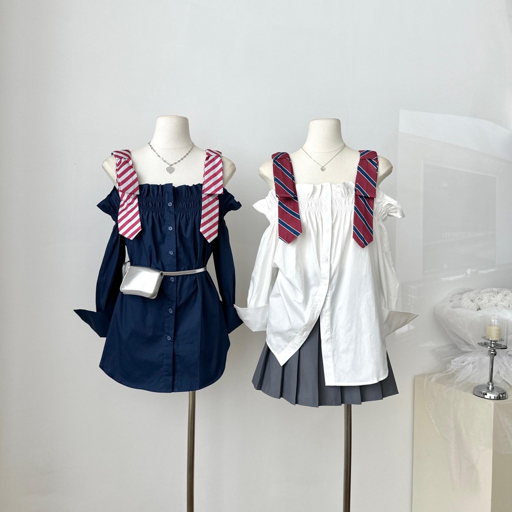 mimi&didi#เสื้อเชิ้ตไหล่เดียวแขนยาว ดีไซน์สีตัดกัน มีโบว์ สายเดี่ยว ไซส์ใหญ่ สไตล์ขี้เกียจ หลวมๆ สำหรับผู้หญิง#W633