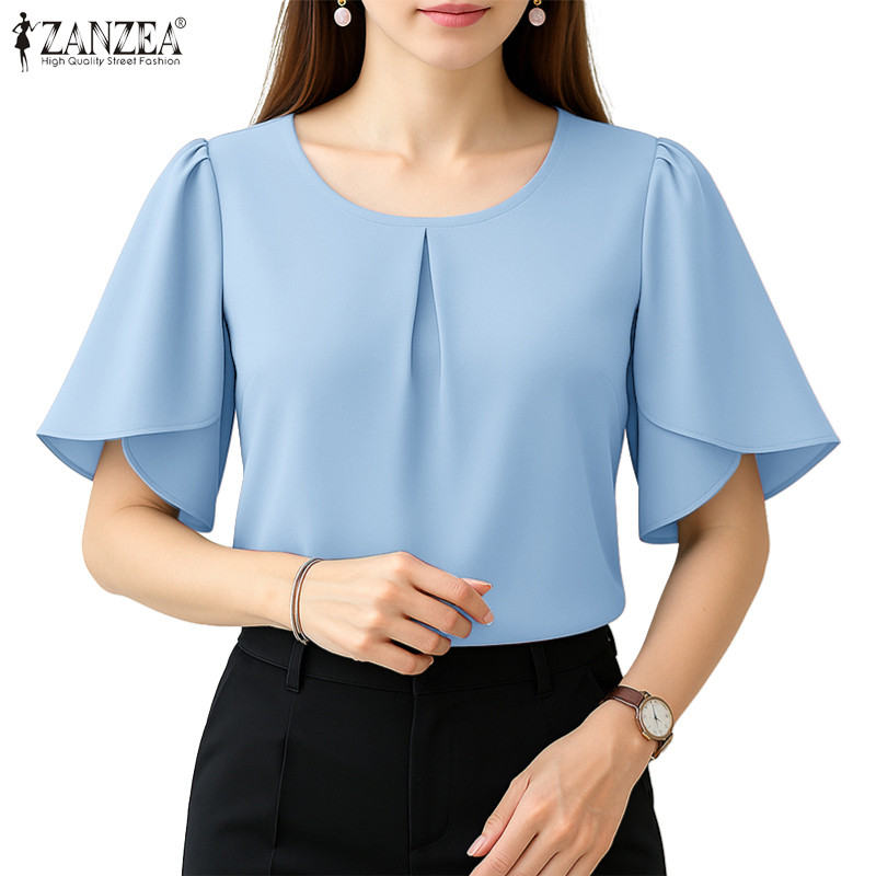 ZANZEA เสื้อผ้าสไตล์เกาหลี elegance สำหรับผู้หญิง คอกลม pleats