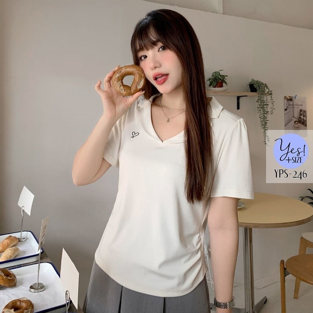 เสื้อยืดแขนสั้นสาวอวบ อก 38-50 นิ้ว เสื้อคอวีปกเล็ก เข้ารูป ปักหัวใจ สีดำ/เทาเข้ม/เขียว/ครีม YPS-246 - รูปที่ 7