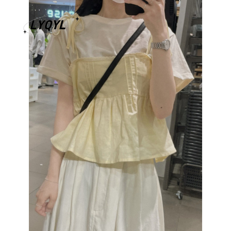 LYQYL พร้อมสต็อก/ฤดูร้อน Classy ลูกไม้ลูกไม้เย็บหลวมเสื้อเด็ก Layered Camisole ผู้หญิงด้านนอกด้านบน