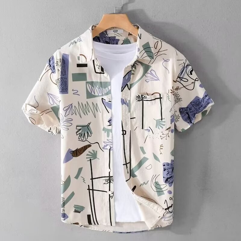สไตล์เกาหลี ลายเสื้อเชิ้ตแขนสั้นผู้ชาย เสื้อเชิ้ตแขนสั้น ใส่สบาย ไม่ต้องรีด