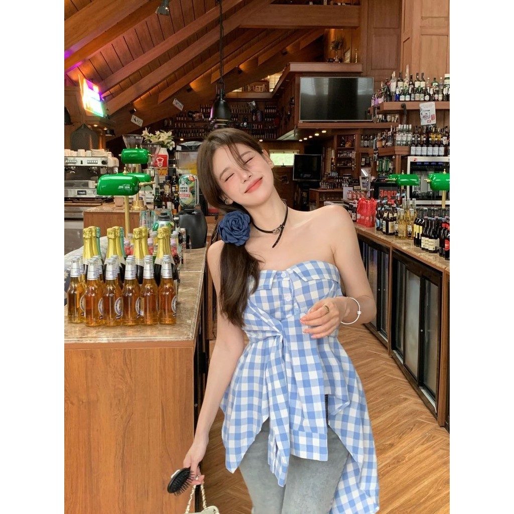 เซ็กซี่ที่ไม่มีสายหนังที่สวยงามกลับท่อบนเสื้อลายสก๊อตเสื้อกั๊กฤดูร้อนสไตล์ใหม่ไม่สม่ําเสมอสาวร้อนแคบ-เอวที่เรียบง่ายทุกการแข่งขัน ผอมลง ดู