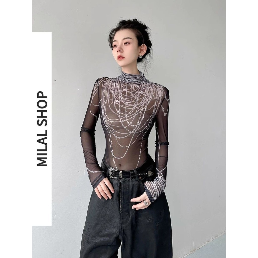 เสื้อยืดแขนยาวกึ่งคอเต่าพิมพ์ลายมุกหรูหราสําหรับผู้หญิง