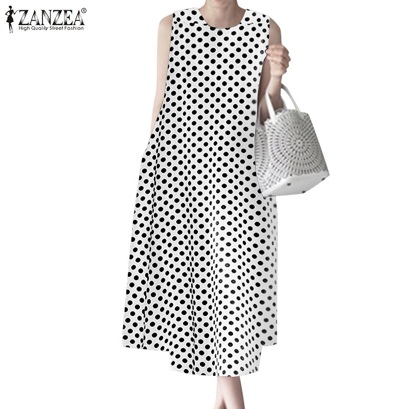 ZANZEA ใส่ ซานเซีย ผู้หญิงสไตล์เกาหลีสไตล์ โอ คอแขนกุดลายจุดชุดเดรสปริญพร้อมกระเป๋า