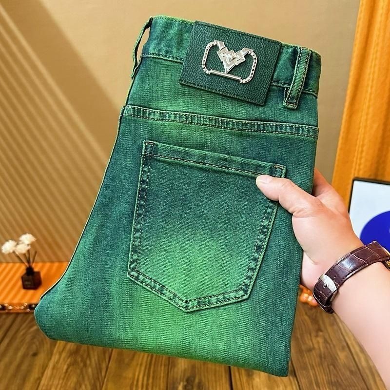 ฤดูร้อนกางเกงยีนส์บางผู้ชายสินค้าใหม่สีเขียวผีน้ํา 2024 High-End Street Wear Mens All-Match Mens Slim-fit Skinny Pants [คลังสินค้าพร้อม]
