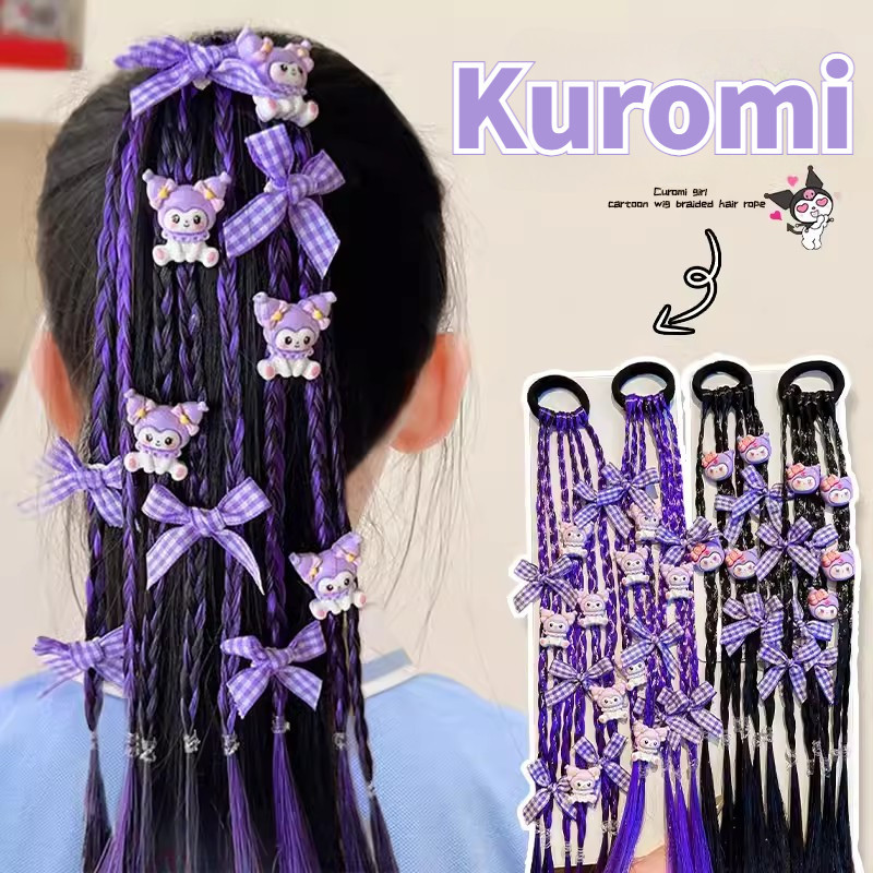 SANRIO การ์ตูนน่ารักsanrio Kuromi Braidวิกผมเชือกผมสําหรับเด็กมวยHip-Hopถักวิกผมสําหรับเด็กแฟชั่นแหวนผมอุปกรณ์เสริม
