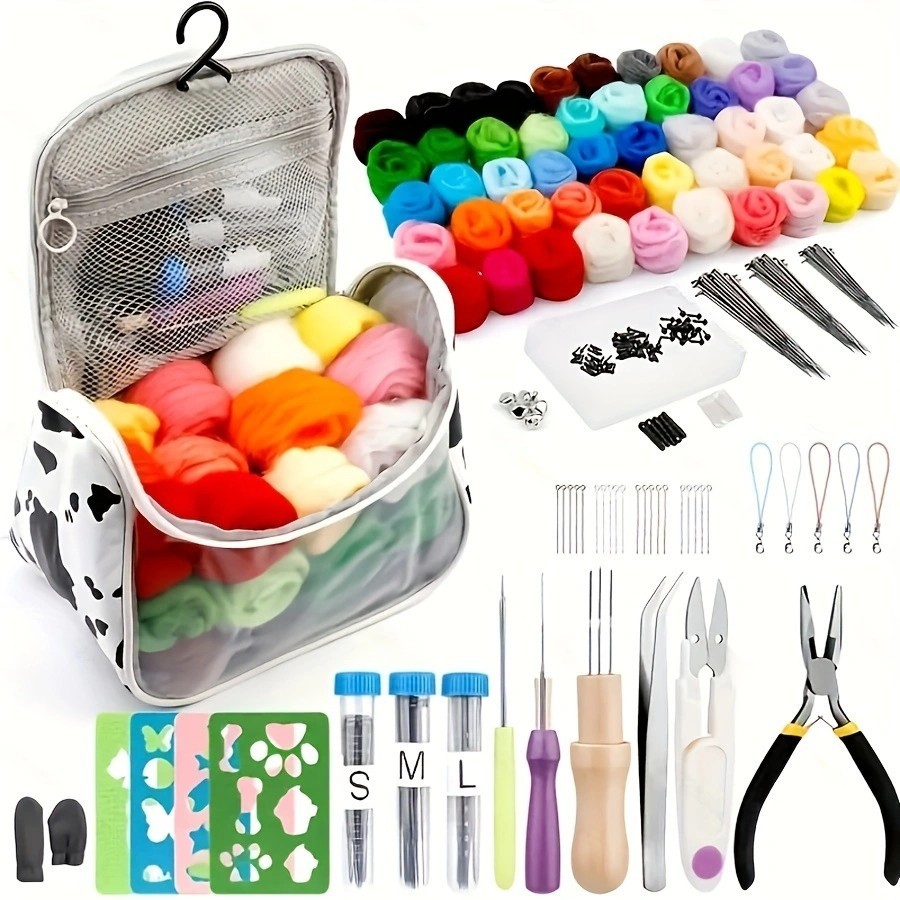 เข็ม Felting Kit 228PCS ชุดขนสัตว์ Roving 50 สี Felting เครื่องมือและเก็บกระเป๋าเข็ม Felting Starter Kit สําหรับ DIY Craft