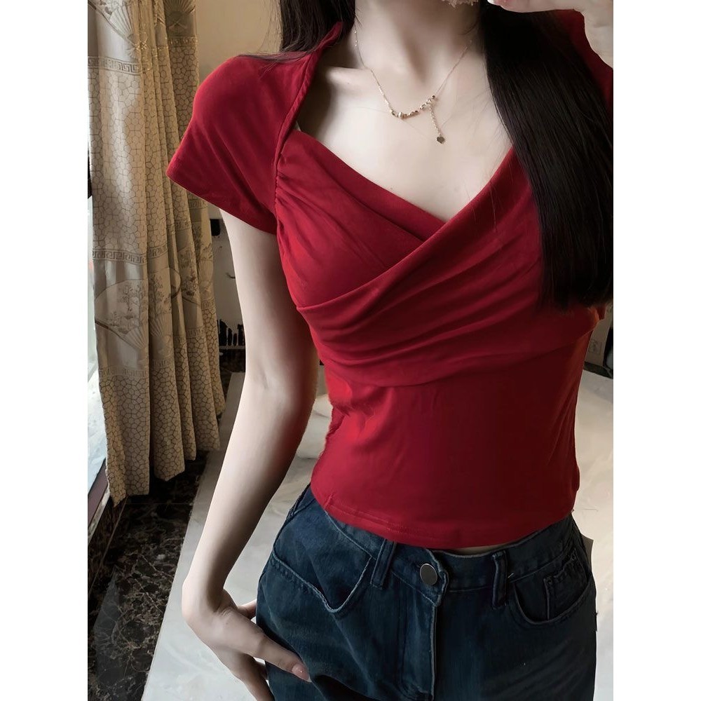 เสื้อยืดแขนสั้นคอวีผู้หญิงฤดูร้อน Slim Top