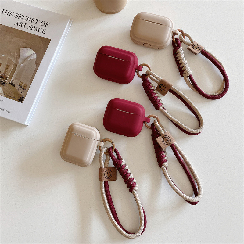 สีแดงไวน์+เชือกแขวนสําหรับ Airpods 1/2 3 Pro Pro2 pro3 Airpods4 蓝牙耳机保护套 AirPods 耳机保护套