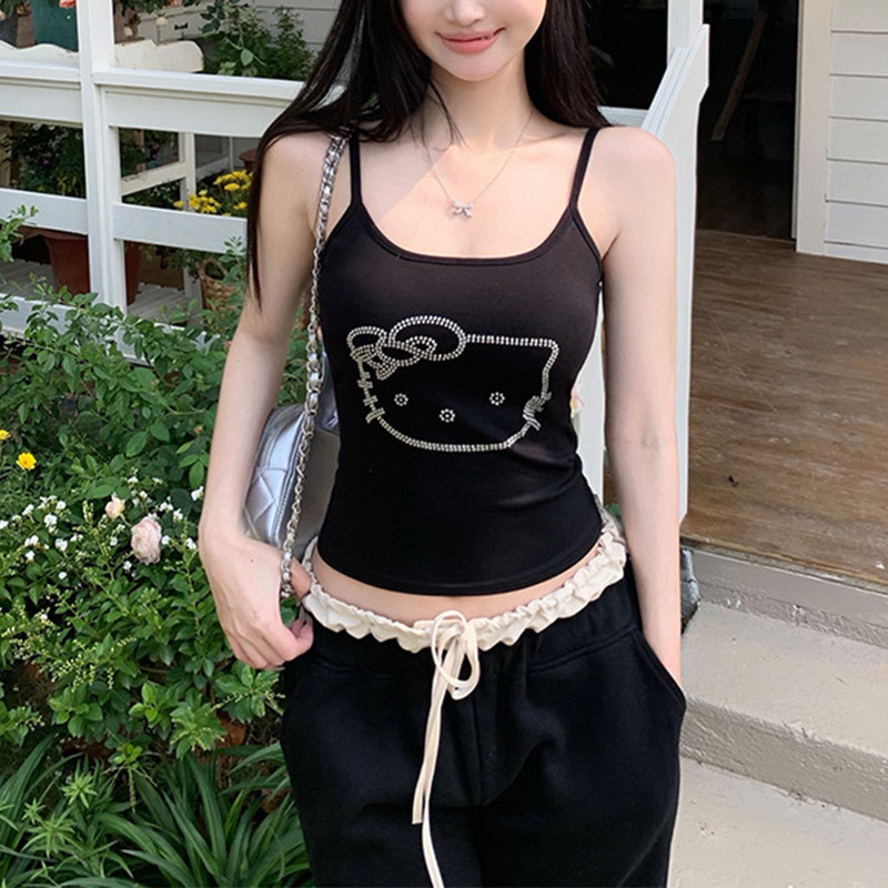เทศกาลสงกรานต เสื้อชั้นในสตรีครอปเบาะบางการ์ตูนแมว Rhinestone Scoop คอแสดง Navel สปาเก็ตตี้เสื้อสําหรับฤดูร้อน