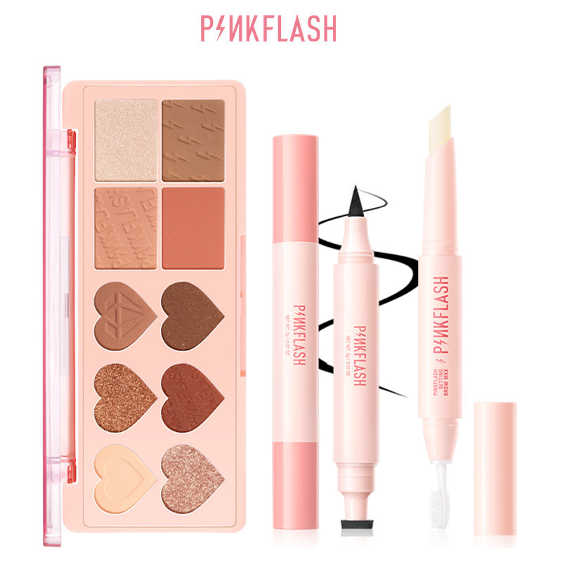 Pinkflash พาเลทอายแชโดว์ 3 ชิ้น + แสตมป์อายไลเนอร์ + ชุดแต่งหน้าตาขี้ผึ้งเขียนคิ้ว