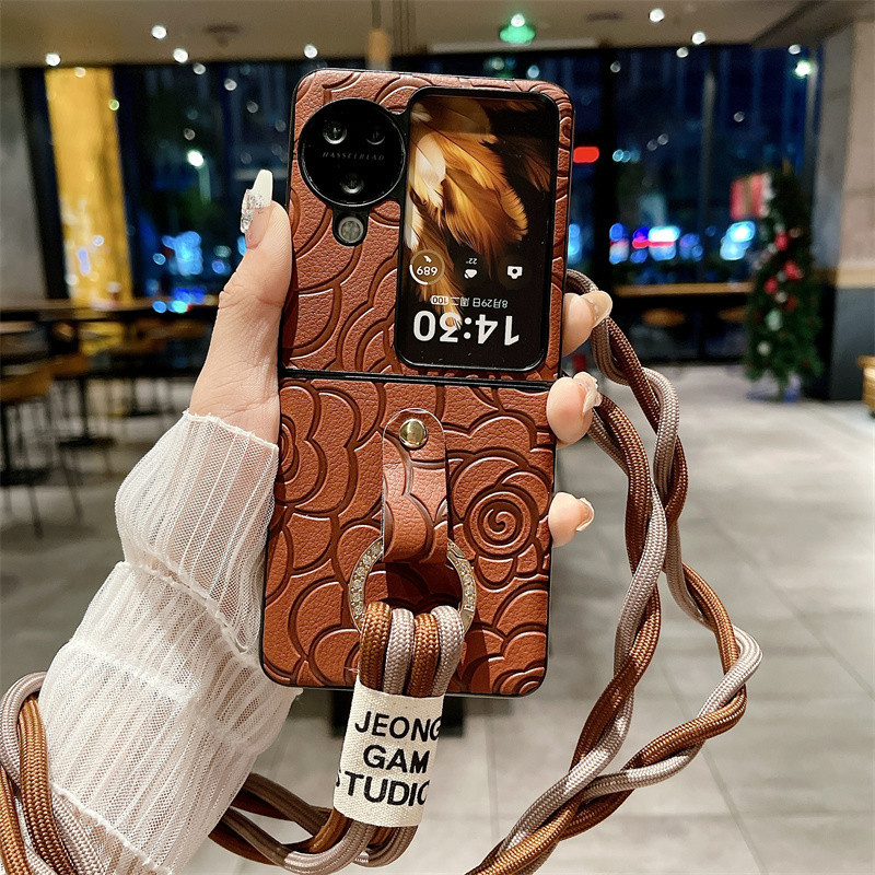 สําหรับ OPPO Find N3 Flip, Find N2 Flip, เคสโทรศัพท์แบบพับได้ดอกเคมีเลียแบบแขวน, ฝาครอบป้องกันป้องกันการตกแบบหนังคุณภาพสูง - รูปที่ 2