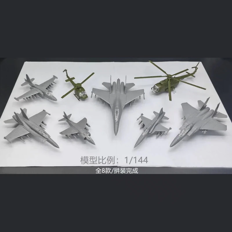 1/144 Scale 8 รูปแบบเครื่องบินประกอบรุ่น AV-8A F-5E F15 F/A-18 UH1H MI8 SU25 J16 Fighter ทหารเครื่องประดับมินิของเล่นพลาสติก, พร้อมฐาน,สีได้