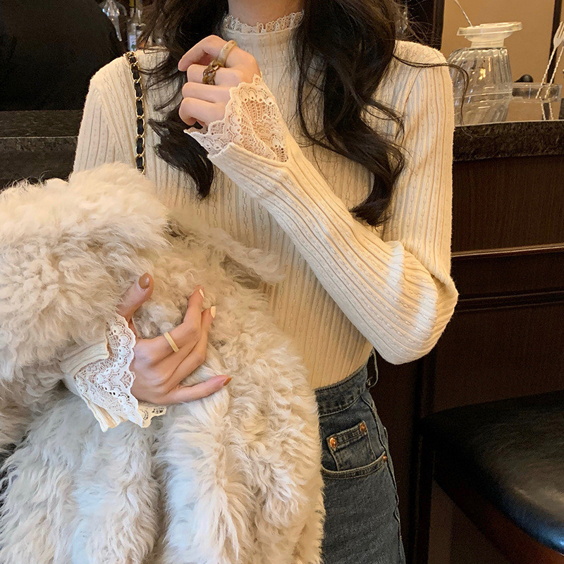 ลูกไม้เย็บเสื้อ จุดต่ําสุด ผู้หญิงสไตล์ตะวันตกครึ่งคอเต่าอารมณ์ บาง-พอดี สว