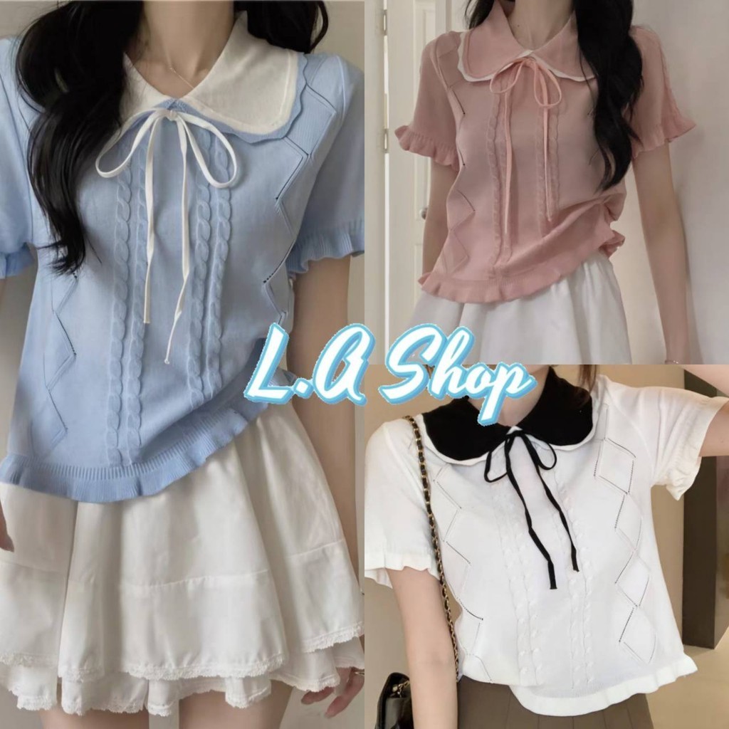 L.A Shop​-​พร้อมส่ง เสื้อยืดไหมพรม คอปก แขนสั้น ผ้าบางเบา ดีเทลลายผ้าผูกโบว์ ใส่สบาย "MT717-1"