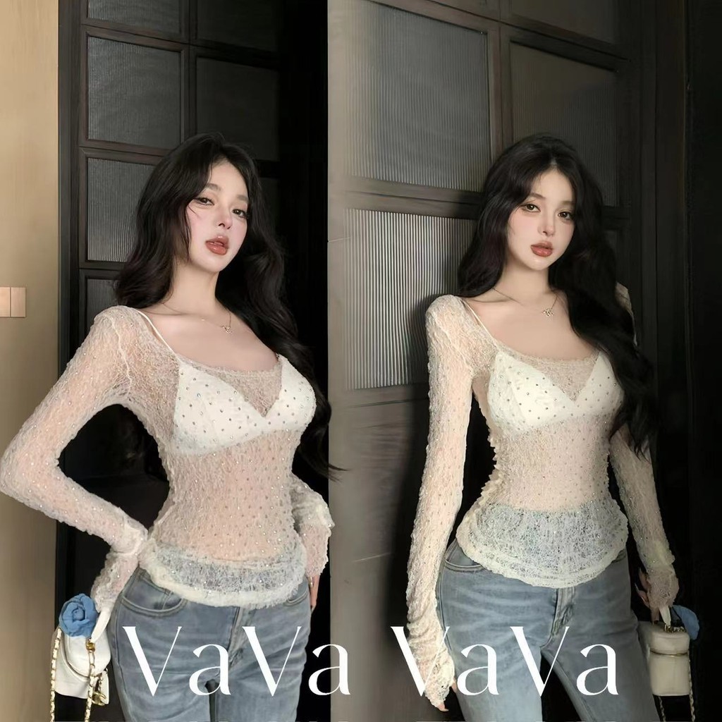 VaVa  มีสินค้า เสื้อยืดแขนยาวซีทรูลูกไม้เพชรอุตสาหกรรมหนักสำหรับผู้หญิง เสื้อด้านบนดีไซน์สาวฮอตเข้ารูปพอดี