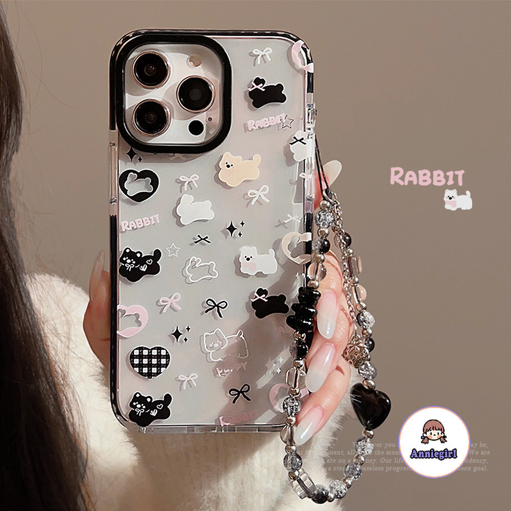 การ์ตูนกระต่ายโปร่งใสลูกปัดเคสโทรศัพท์สําหรับ IPhone 11 15 14 Pro MAX 12 13 Promax XS MAX XR 8 7 Plus กล่องสองด้าน Drop ทนโทรศัพท์ปกหลัง