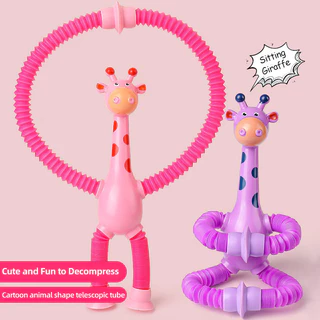 GeeToy ยีราฟที่มีสีสันกล้องส่องทางไกลถ้วยดูดของเล่นหลากหลายรูปร่างยืดหลอดป๊อปของเล่นบีบอัดของเล่นอยู่ไม่สุข