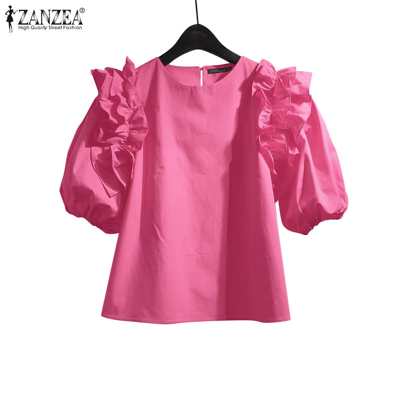 Zanzea Celmia ผู้หญิงแฟชั่น Ruffled หลวมรอบคอพัฟแขนเสื้อ