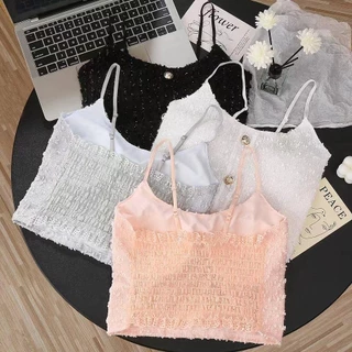 #252 เสื้อครอปสายเดี่ยว ผ้าลูกไม้แต่งกระดุมทอง สีหวานสวย สม๊อคหลัง สินค้าพร้อมส่ง