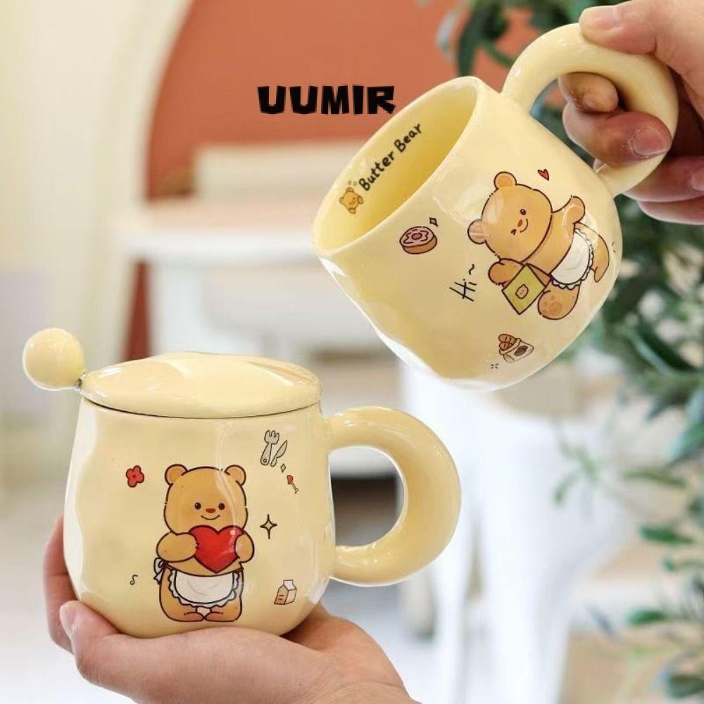UUMIR อุมิร์ แก้วหมีเนยถ้วยกาแฟช้อนฝาน่ารักใช้ในบ้านถ้วยน้ําการ์ตูนของขวัญวันเกิด