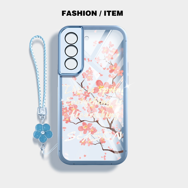 รูปแบบดอกพีชกันกระแทกเคสโทรศัพท์สําหรับ Samsung Galaxy S22 S23 S24 Plus S22 S23 S24 Ultra S23 S24 FE S22+ S23+ S24 + ปลอกโปร่งใสพร้อมเชือกแขวนดอกไม้