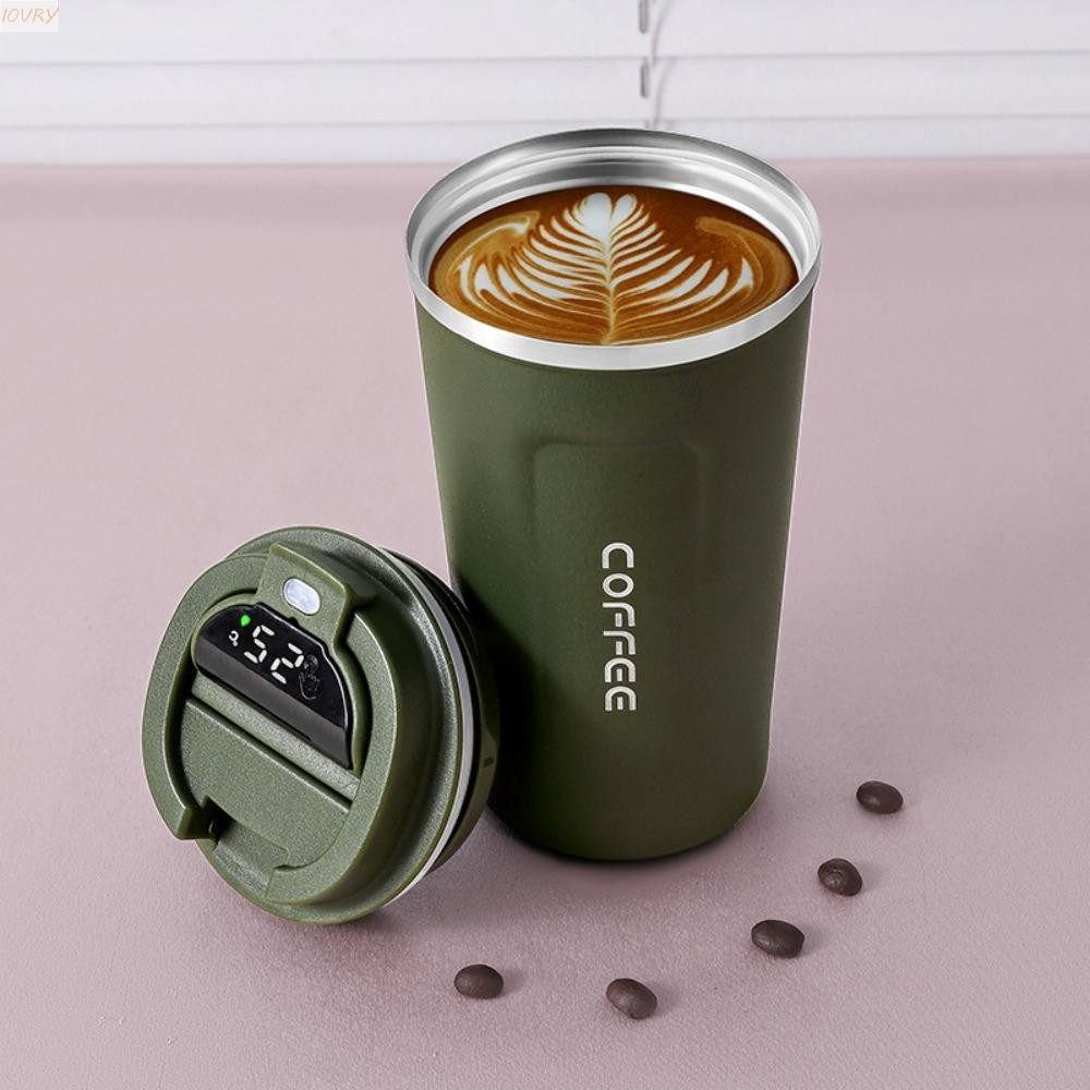 แก้วกาแฟเก็บความร้อนอัจฉริยะสีงาช้าง,380/510มลพร้อมฝาแสดงอุณหภูมิดิจิตอลขวดน้ําฉนวน,ถ้วยกาแฟสแตนเลสสองชั้นกระติกน้ําสูญญากาศป้องกันการรั่วรถ