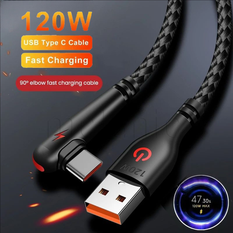 สําหรับ Samsung Huawei Android Universal - ลวดชาร์จเร็วทอไนลอน - สายเคเบิลข้อมูลข้อศอก USB Type-C 120W - สายเคเบิลข้อมูลโทรศัพท์ข้อศอก 90 องศา