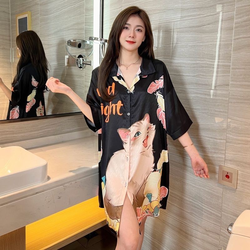 ชุดนอนผ้าไหมน้ําแข็งหญิงเซ็กซี่หวาน High-End Cat เสื้อแขนสั้นชุดนอนชุดนอนขนาดใหญ่สามารถสวมใส่นอก 4