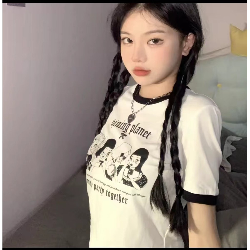 Q-094 แฟชั่นเสื้อผู้หญิงน่ารัก พิมพ์ลายการ์ตูน เสื้อยืดแขนสั้น เนื้อผ้านิ่มเด้ง ราคาถูก จัดส่งจากกรุงเทพ
