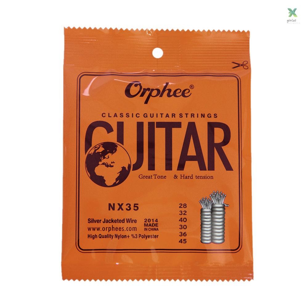Orphee NX35 ไนลอนสายกีตาร์คลาสสิก 6 ชิ้นชุดเปลี่ยน (.028-.045) ไนลอน Core Silver Jacketed Wire Hard Tension