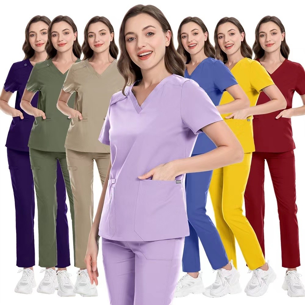 พร้อมสต็อกNiaHinnแฟชั่นผู้หญิงผู้ชายUnisexยืดหยุ่นริ้วรอยBreathable Scrubชุดพร้อมกางเกงคาร์โก้หมอพยาบาลชุดhigh-endผ้าโพลีเอสเตอร์