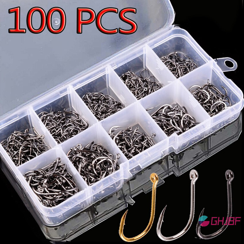 Ghjbf] 100 ชิ้นเบ็ดตกปลาชุดเหล็กคาร์บอนวงกลมเดียวตะขอตกปลา Fly ตกปลา Jip สสneck namh