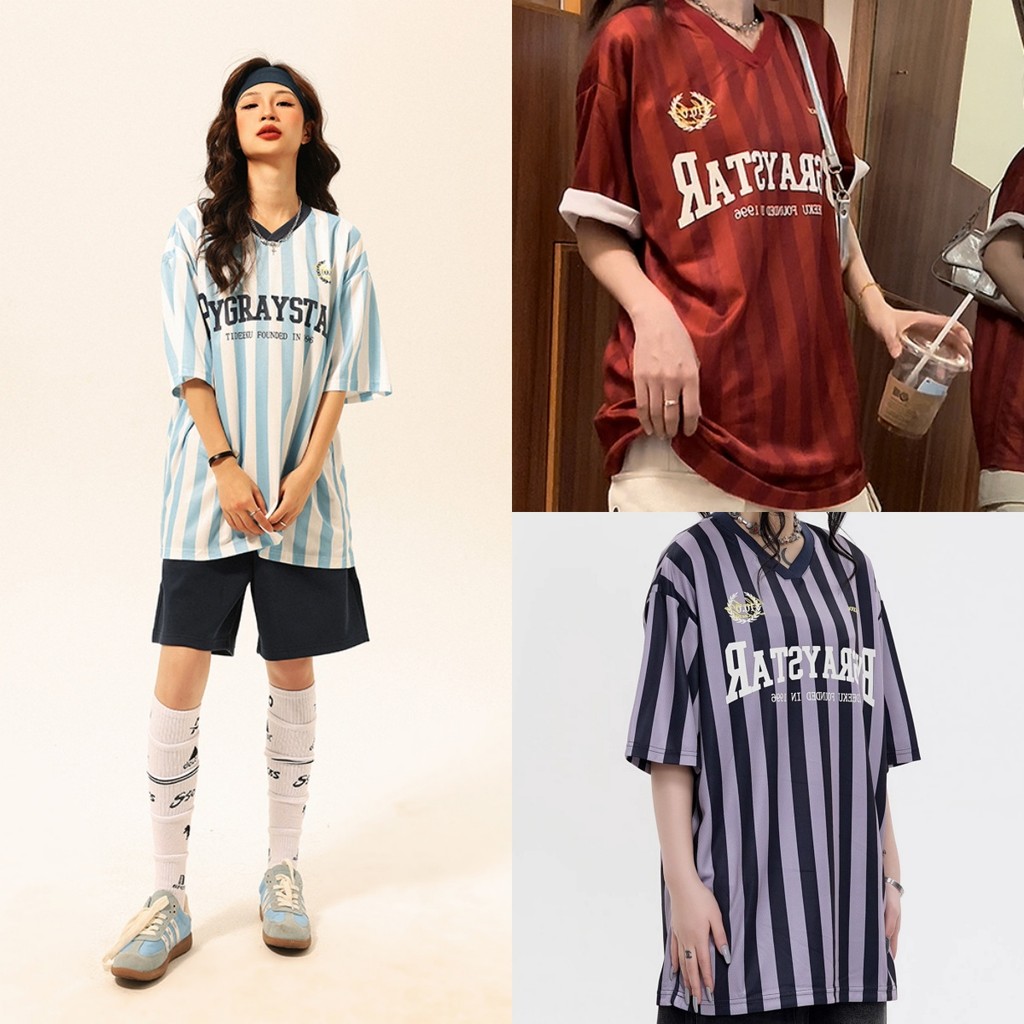Luna shop เสื้อยืดแขนสั้นลายทางหลวมๆ ดีไซน์ไม่ซ้ำใคร สไตล์สตรีทฮิปฮอปอเมริกัน