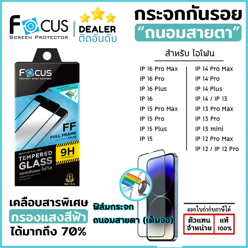IP ทุกรุ่น Focus ฟิล์มกระจก ถนอมสายตา เต็มจอ โฟกัส สำหรับ iPhone 15 Pro Max 14 Pro Max 14 Plus 13 Pro Max 12 Pro Max ...