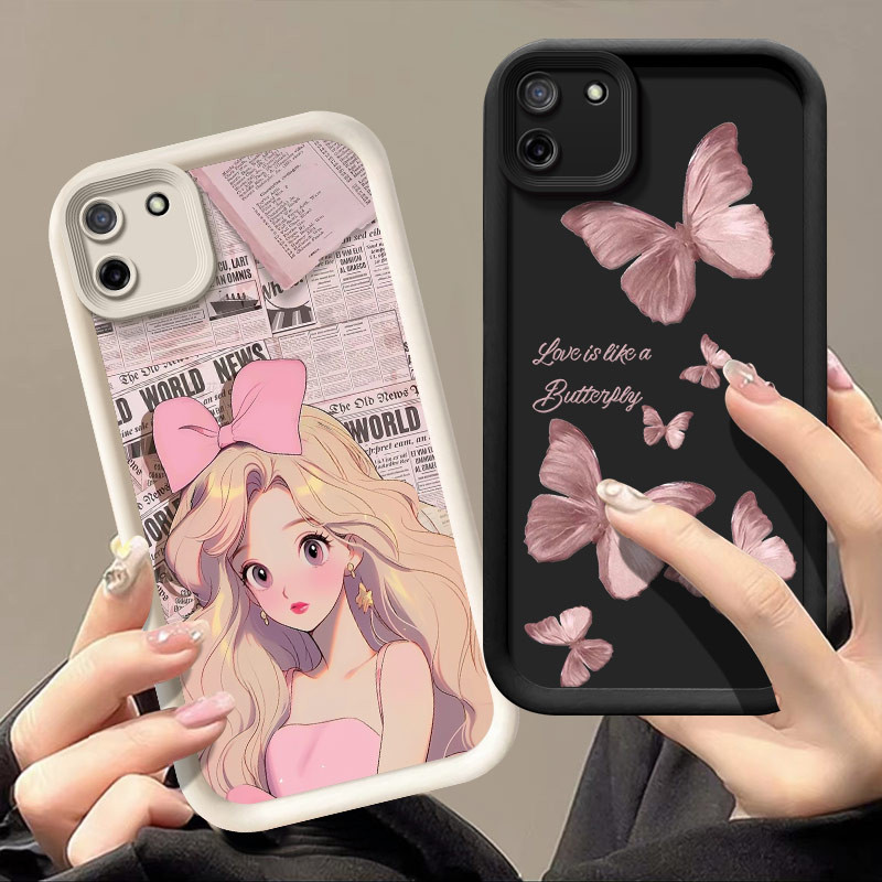โทรศัพท์กลับสําหรับRealme C11 C 11 2020 แฟชั่นสาวการ์ตูนผีเสื้อสีชมพูสีดําแมวน่ารักสีแดงแมงมุมซิลิโค