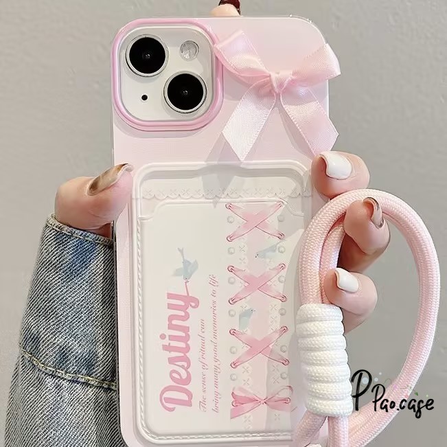 กระเป๋าสตางค์บัตรโบว์คล้องสีชมพูใช้ได้กับกระเป๋าสตางค์เคสไอโฟน 15 13 11 XR 14 12 Pro Max 7 15 8 14 Plus X XS Max SE 2020