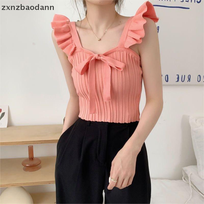 [ZXNZ] ฤดูร้อนผู้หญิงโบว์หวาน Ruffles สีทึบแขนกุด Slim ถัก Camisole MMMV