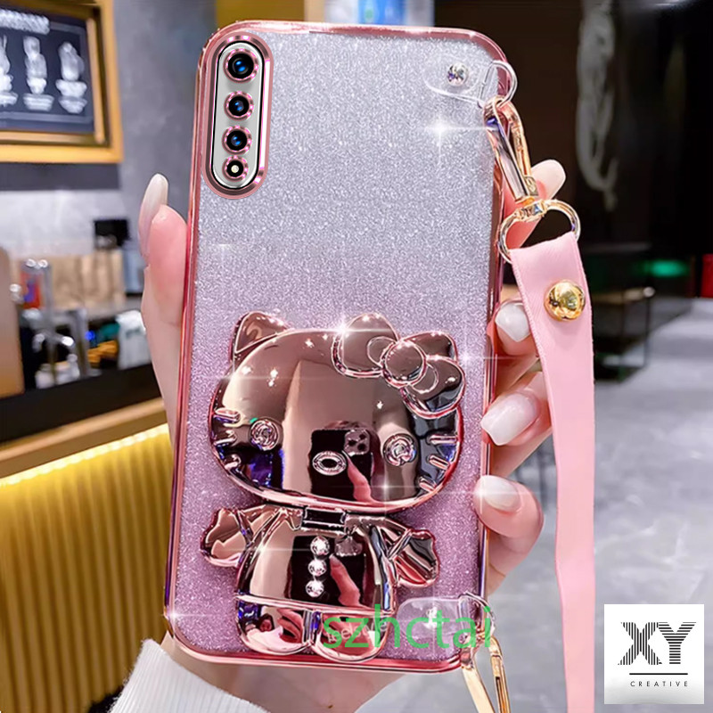เคส แวววาว vivo S1 สายรัดข้อมือยาวสไตล์เคสโทรศัพท์แบบนุ่มปลอกปลอกคิตตี้ตัวยึดแมวพร้อมกระจก เคสโทรศัพท์ vivo S1