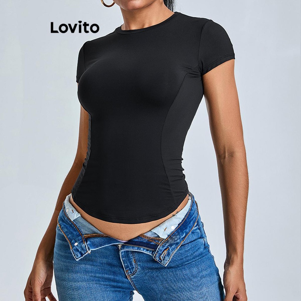 Lovito เสื้อยืดกีฬาสีทึบสไตล์สปอร์ตสำหรับผู้หญิง LNL77159