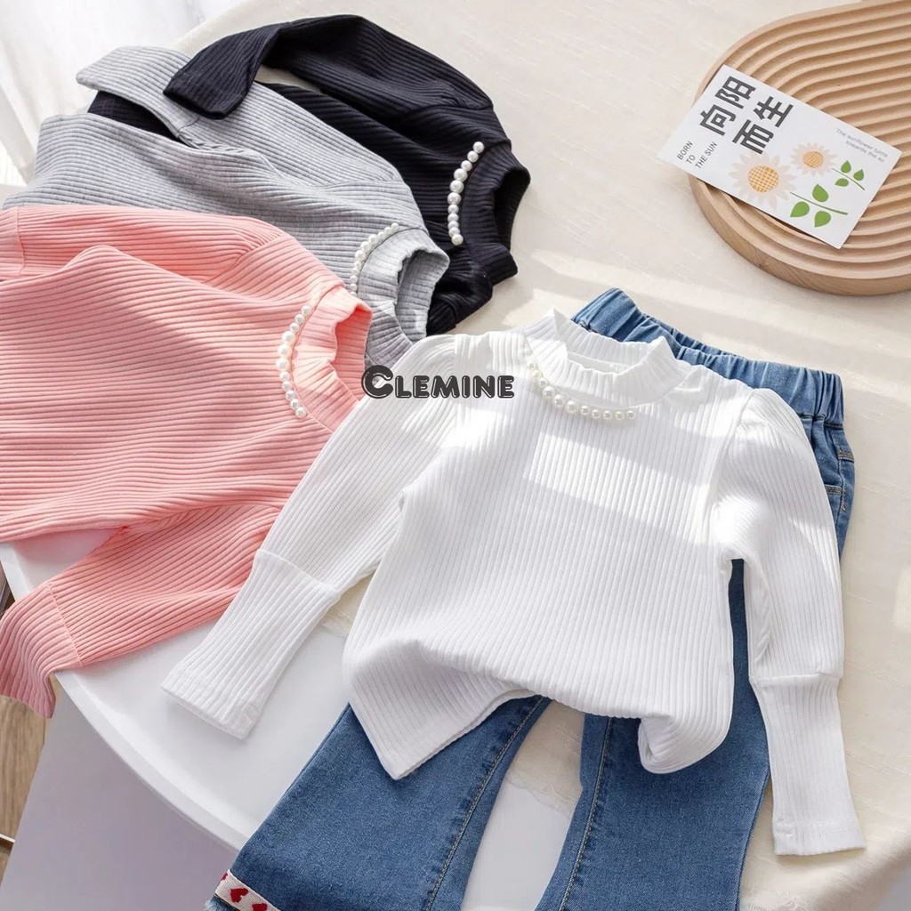 Clemine เสื้อยืดเด็ก เสื้อบอททอมเด็กผู้หญิง เด็กกึ่งคอเต่า เวอร์ชั่นเกาหลีของเสื้อแขนยาวฟอง