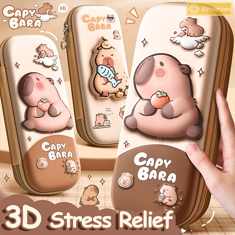 {Streamers} 3d Relief Stress Cute Capybara Pencil Case Drop Resistance Waterproof Student School Supplies Storage Box Hard Shell Deion Pen Bag ใหม่