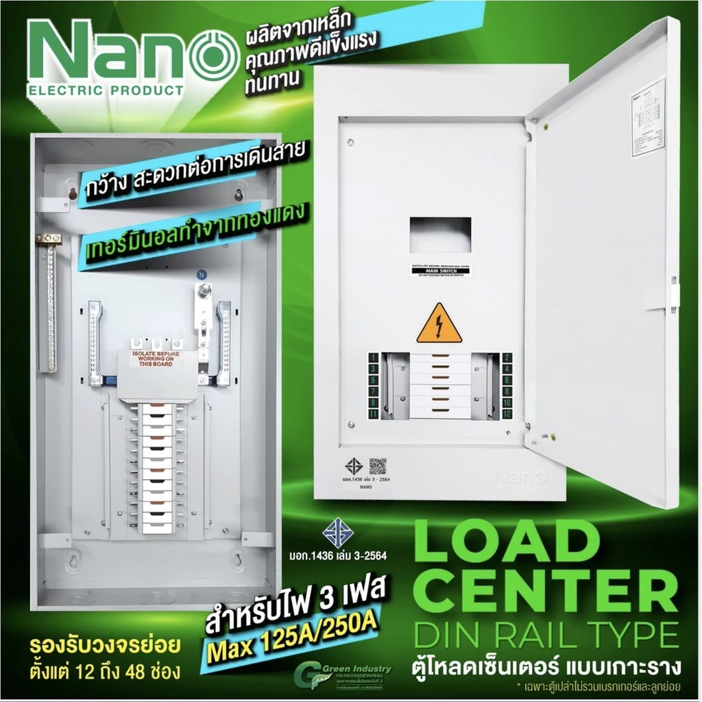 Nano ตู้โหลดเซ็นเตอร์ 3 เฟส แบบเกาะราง MAX125A/250A  ตู้เปล่า ไม่รวมเบรคเกอร์ ตู้เมน NLD-C125MF-12 -