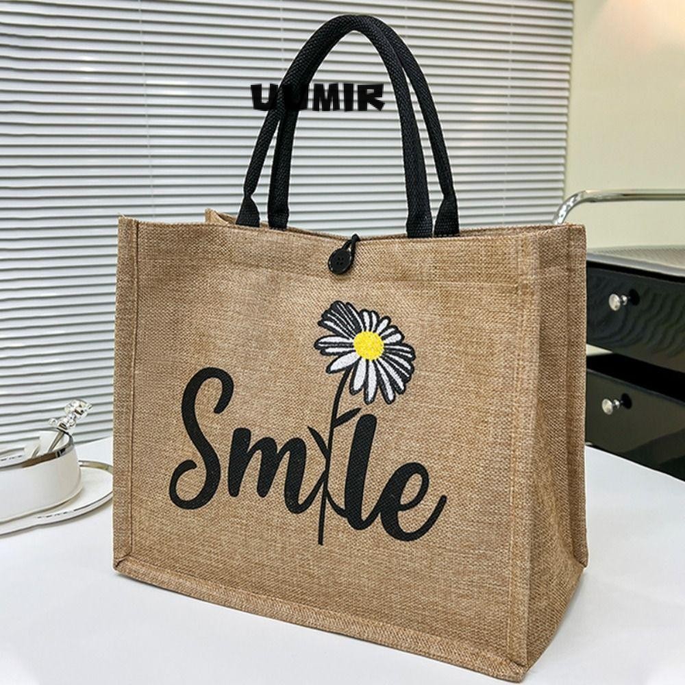 UUMIR กระเป๋าถือชายหาด, กระเป๋าโท้ทผ้าลินินหูหิ้วด้านบนพิมพ์ลายตัวอักษร,กระเป๋าใส่อาหารกลางวันความจุขนาดใหญ่แบบใช้ซ้ําได้