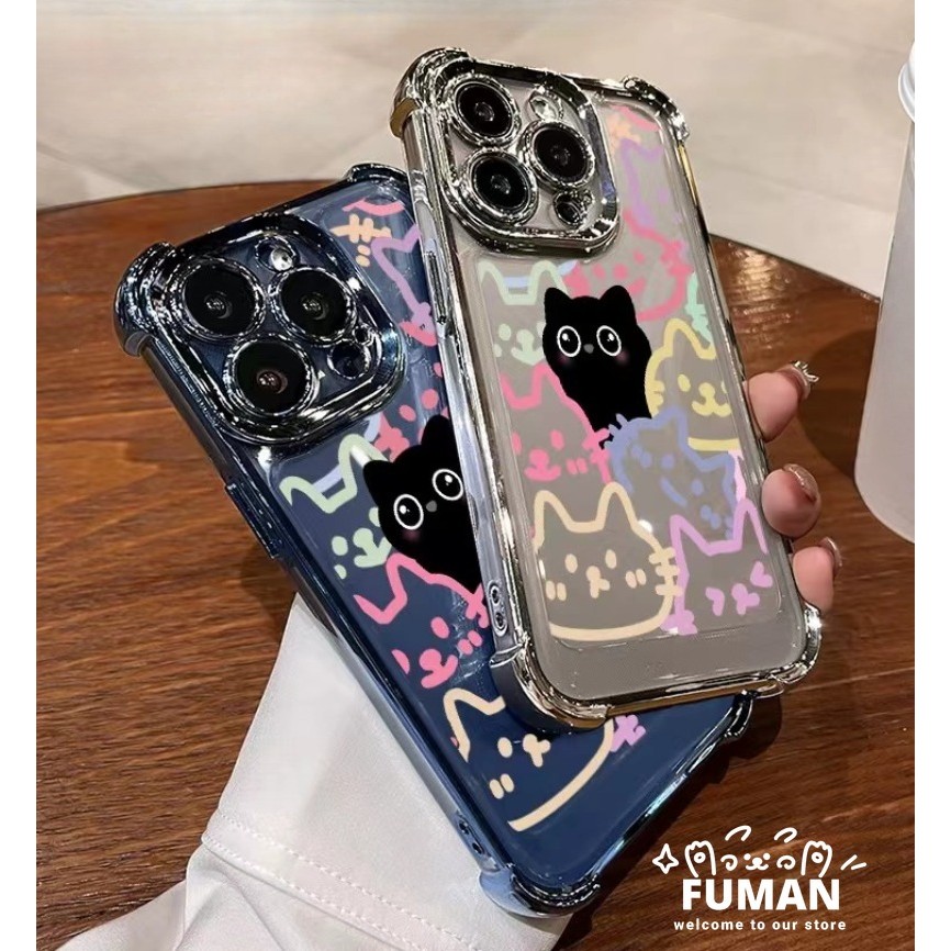 ใช้งานร่วมกับสําหรับ iPhone 11 16 15 14 Plus iPhone 16 15 14 13 12 Pro Max 16Pro 15Pro 14Pro 13Pro 11Pro เคสโทรศัพท์นุ่มโปร่งใสแฟชั่นแมวน่ารักพร้อมถุงลมนิรภัยปลอกปกหลัง