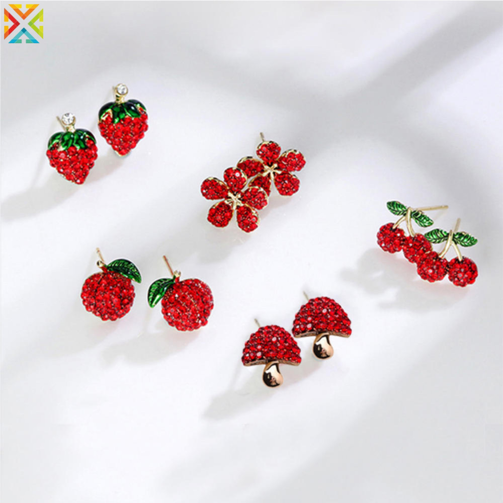 สีแดงเชอร์รี่สตรอเบอร์รี่เห็ด Apple ดอกไม้หู Studs น่ารักผลไม้สตั๊ดต่างหู Glitter Rhinestone Dangler ต่างหู