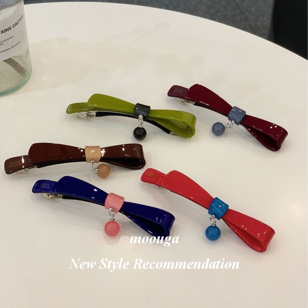 Moouga/สไตล์ใหม่หวาน Acetate Bow Contrast สีลูกเล็กจี้คลิปด้านข้าง Candy สี All-Match คลิปฤดูใบไม้ผลิอุปกรณ์เสริมผม
